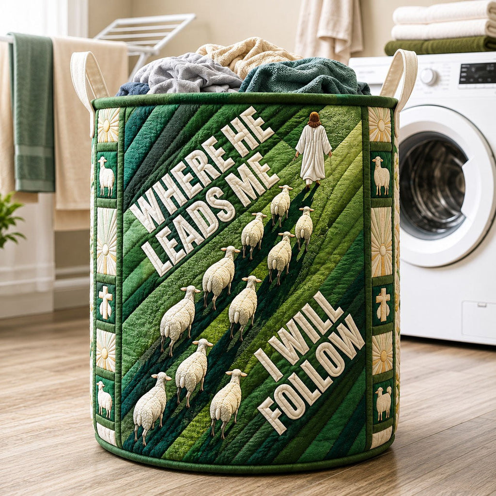 Where He Leads Quilted Laundry Hamper printed laundry hamper