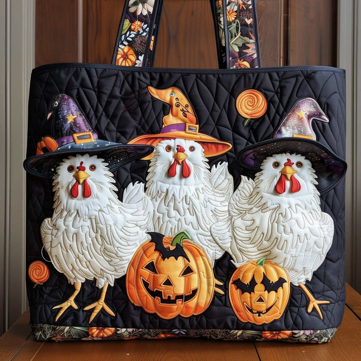 Whimsical Autumn Chicken Quilted Tote Bag printed tote bag