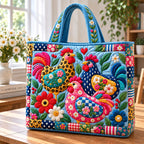 Whimsical Chicken Cottage Quilted Tote Bag printed tote bag