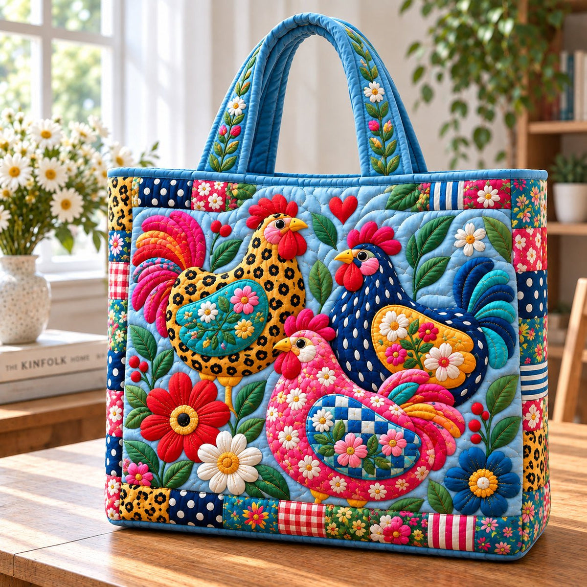 Whimsical Chicken Cottage Quilted Tote Bag printed tote bag