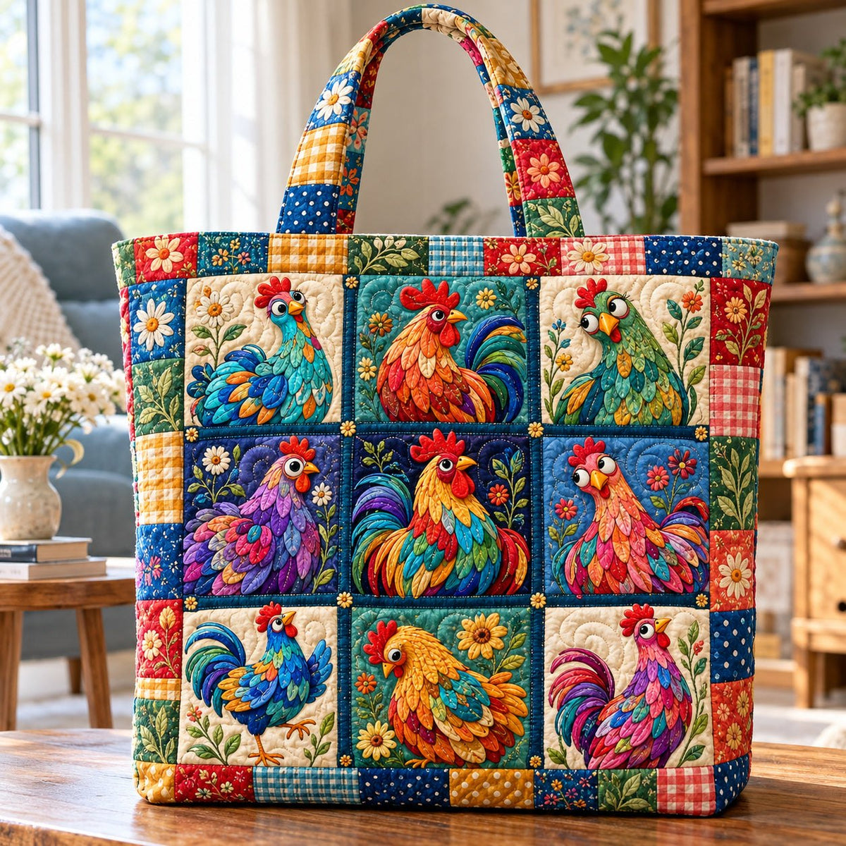 Whimsical Chicken Country Quilted Tote Bag printed tote bag