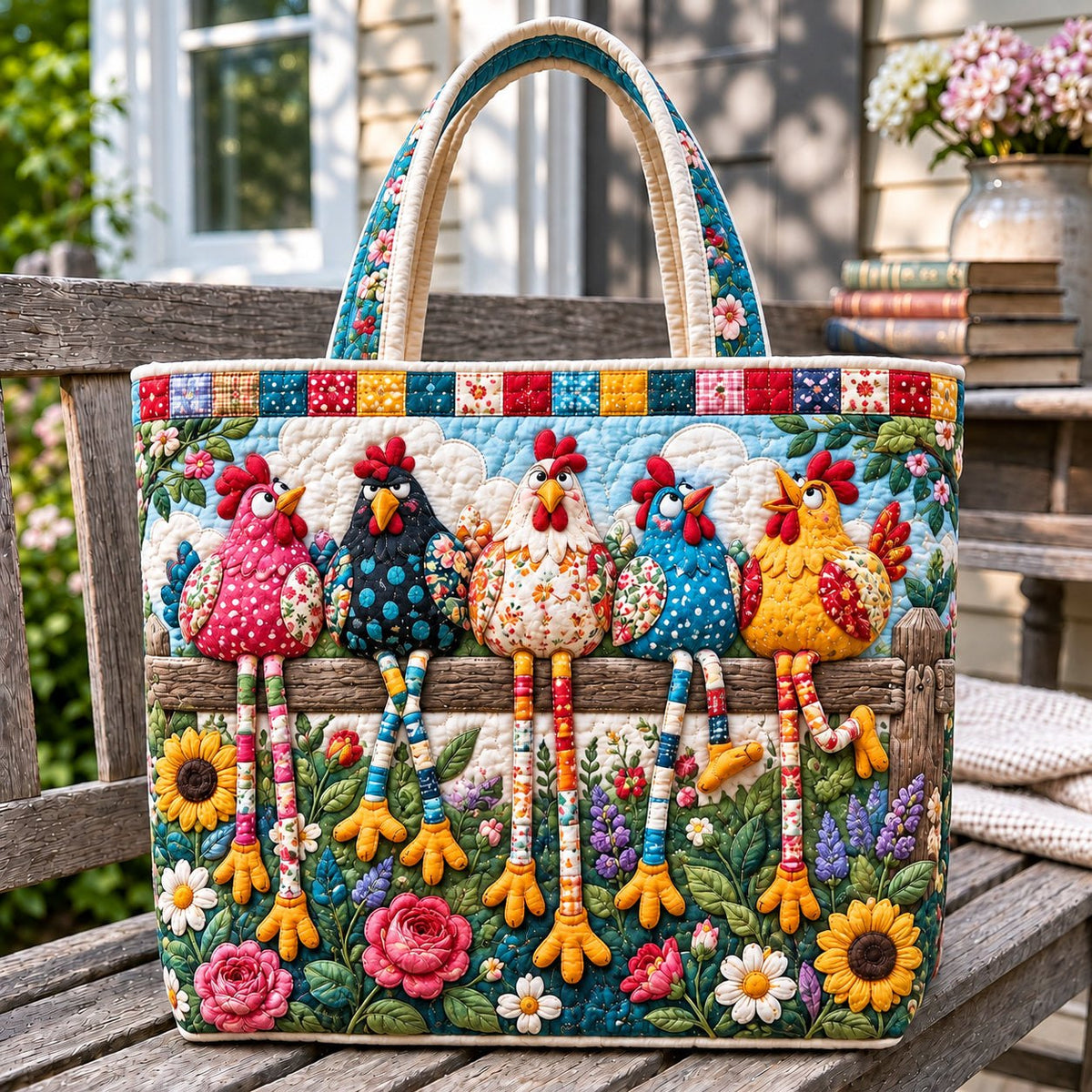 Whimsical Chicken Farm Quilted Tote Bag printed tote bag