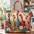 Whimsical Chicken Garden Quilted Tote Bag printed tote bag