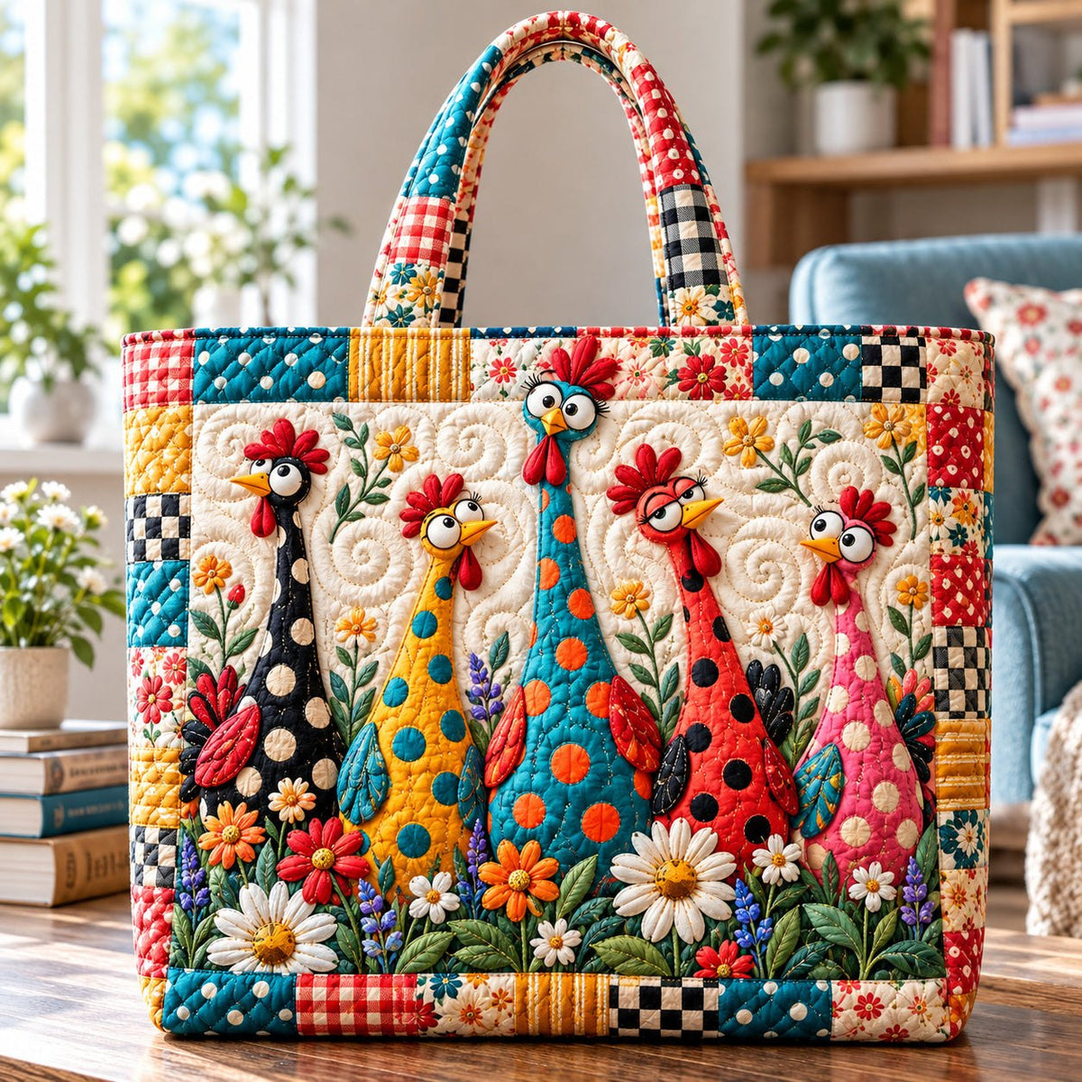 Whimsical Chicken Garden Quilted Tote Bag printed tote bag