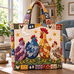 Whimsical Chicken Parade Quilted Tote Bag printed tote bag