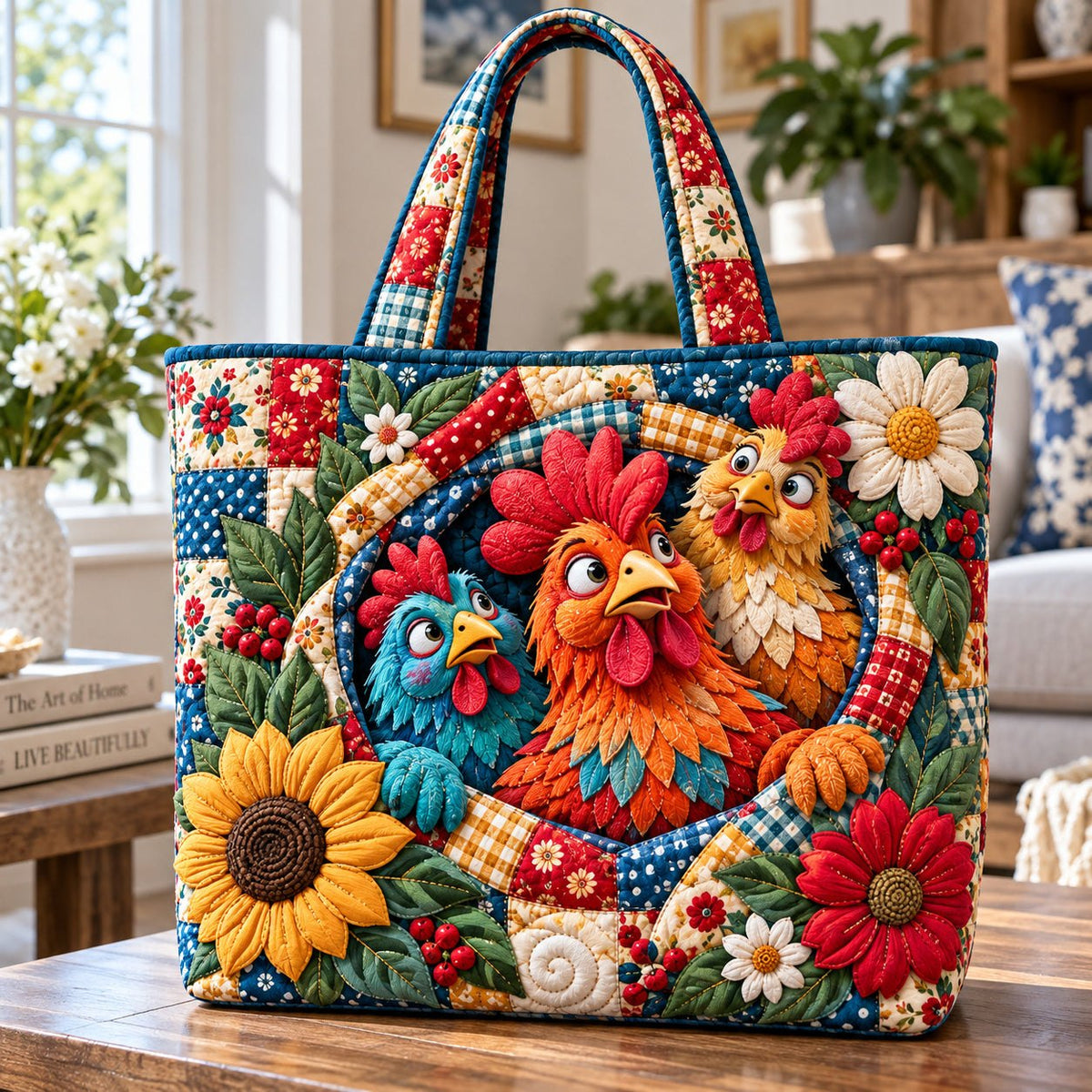Whimsical Chicken Party Quilted Tote Bag printed tote bag