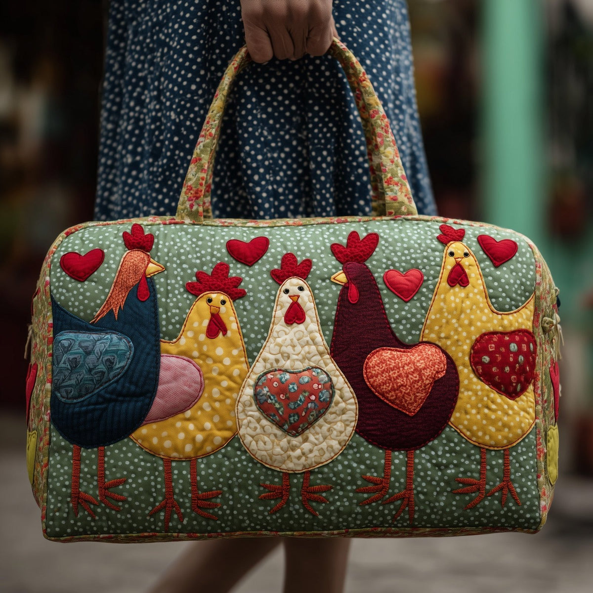 Whimsical Chicken Quilted Duffle Bag printed duffle bag
