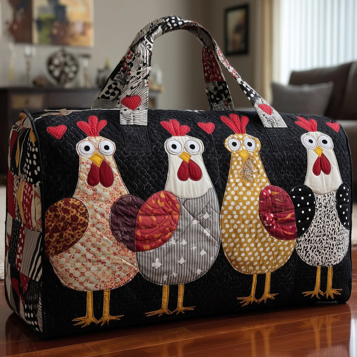 Whimsical Chicken Quilted Duffle Bag printed duffle bag
