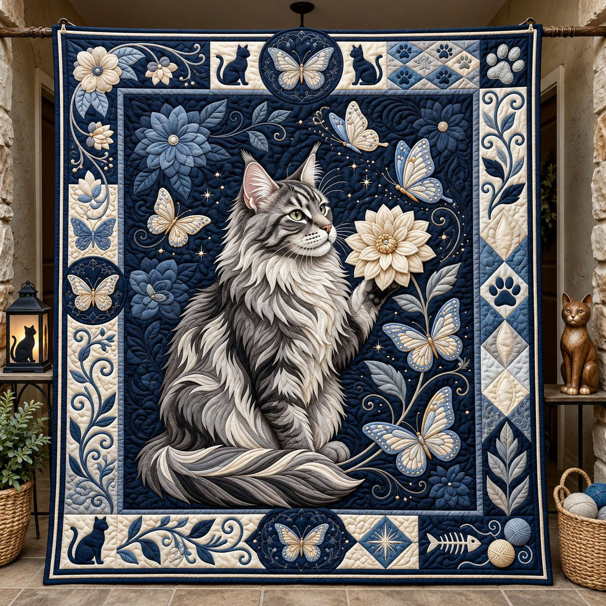 Whimsical Kitten Butterfly Quilted Blanket printed blanket
