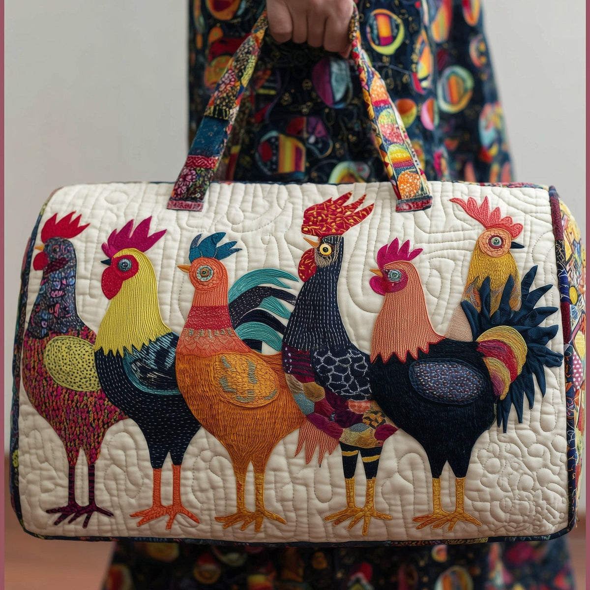 Whimsical Roosters Quilted Duffle Bag printed duffle bag