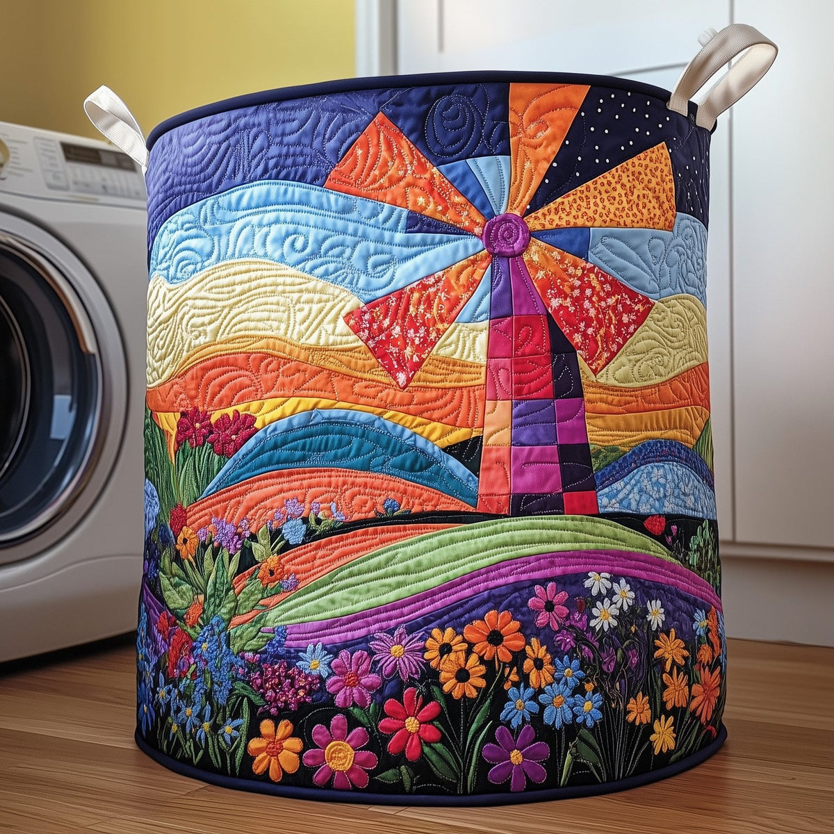 Whimsical Windmill Quilted Laundry Hamper printed laundry hamper