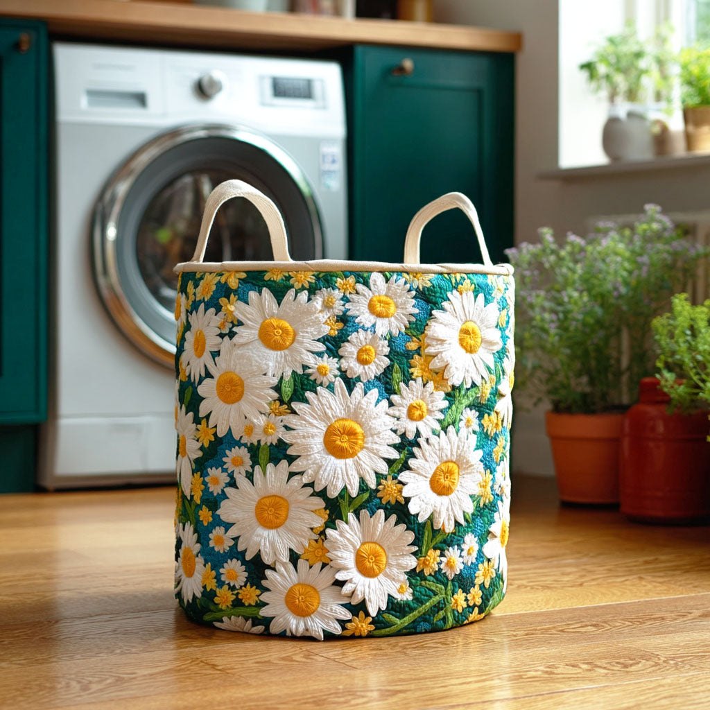 White Daisy Charm Quilted Laundry Hamper printed laundry hamper