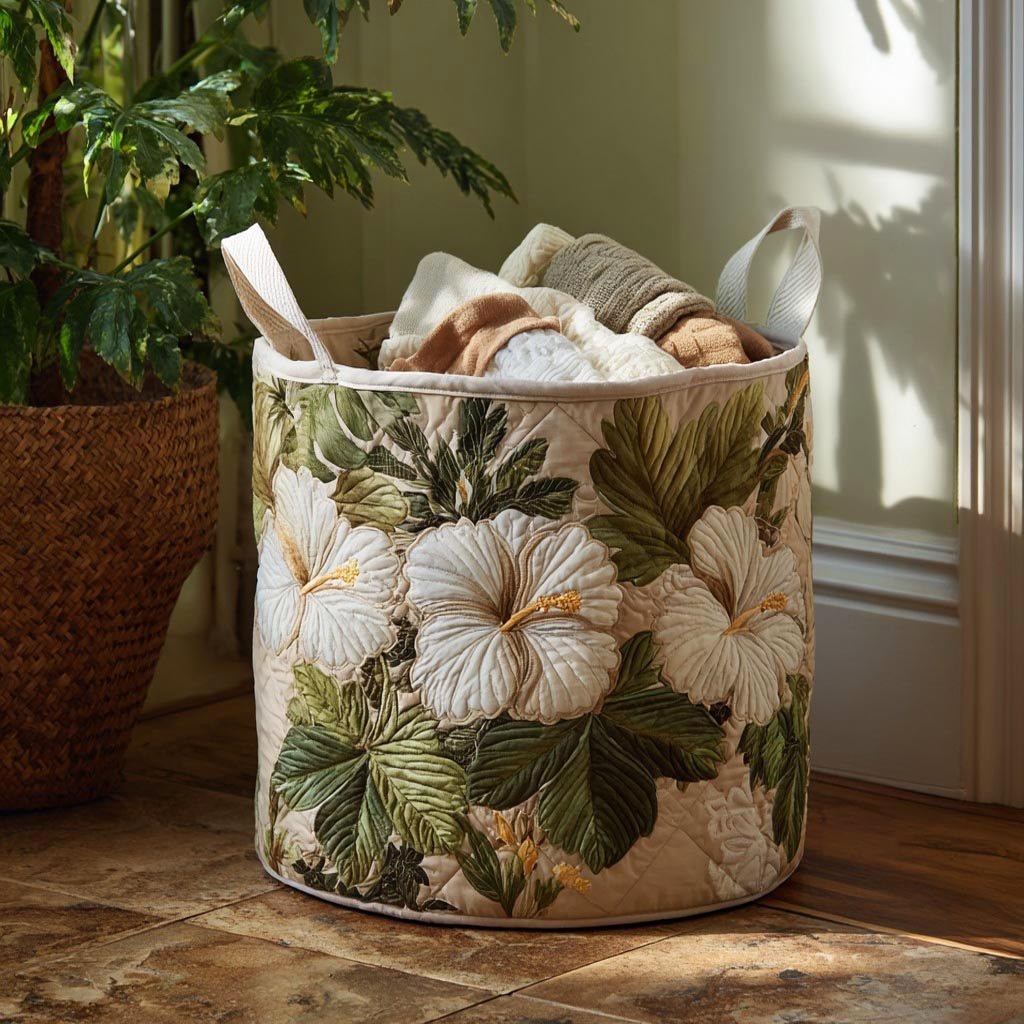 White Hibiscus Bloom printed laundry hamper