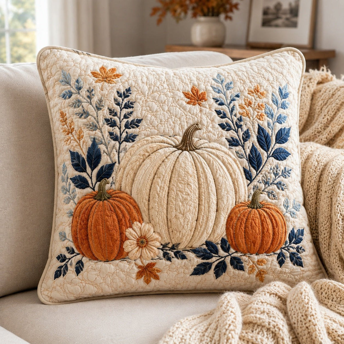 White Pumpkins Quilted Cushion Cover printed cushion cover