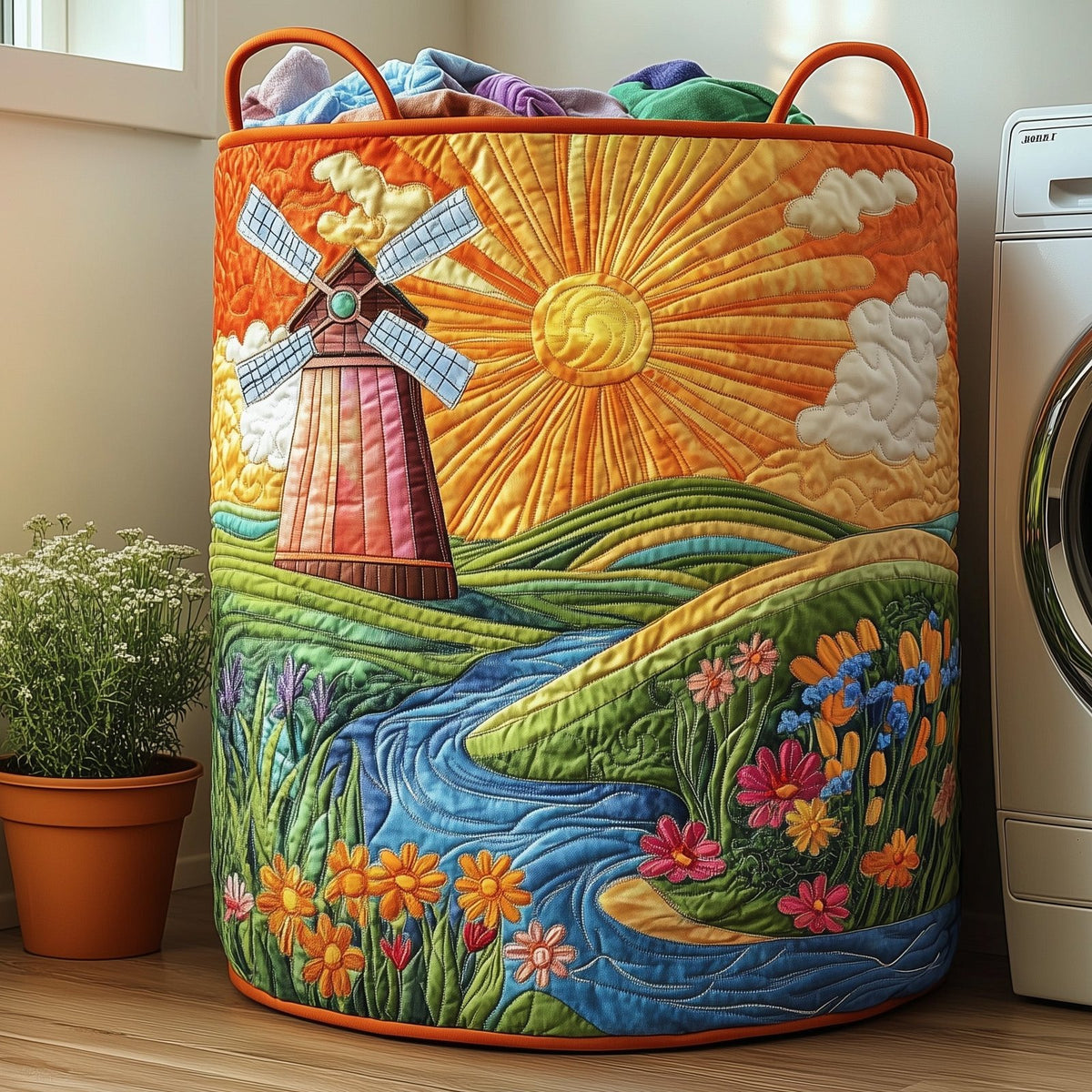 Windmill Landscape Quilted Laundry Hamper printed laundry hamper