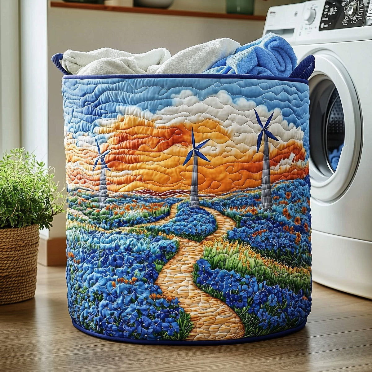Windmill Landscape Quilted Laundry Hamper printed laundry hamper
