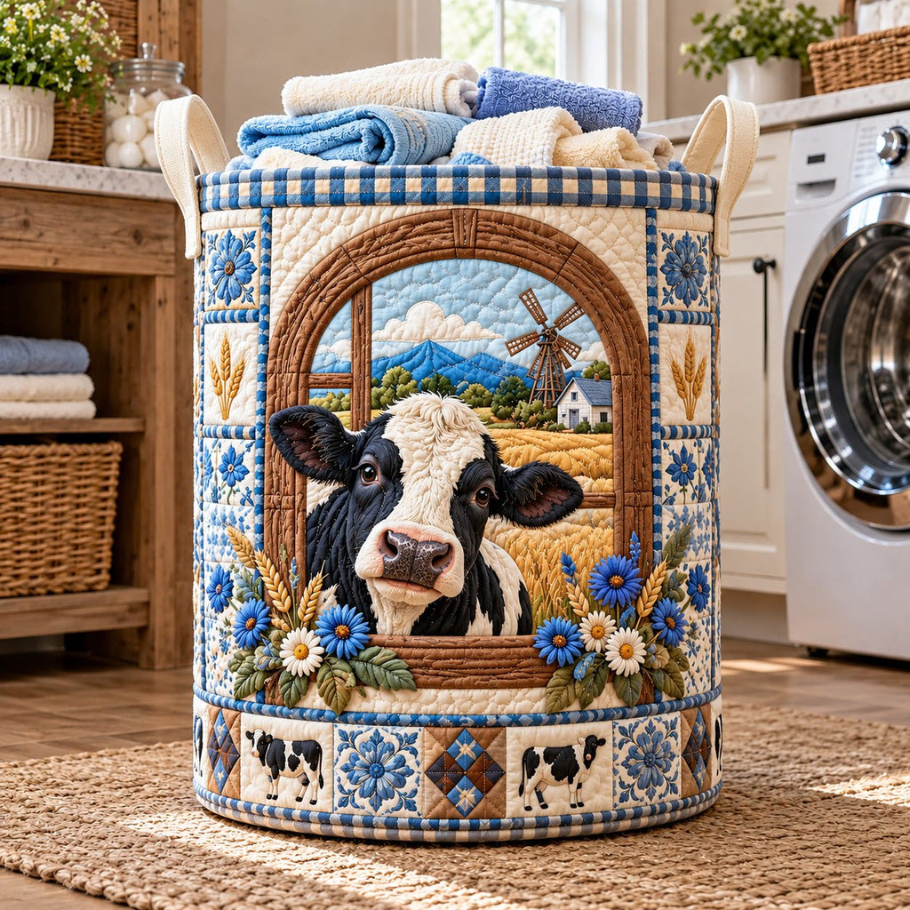 Window View Cow Quilted Laundry Hamper printed laundry hamper