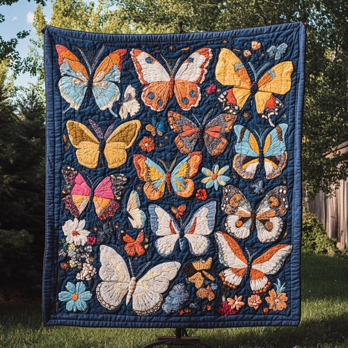 Navy Ground Butterfly Swarm Wings Of Wonder Quilted Blanket