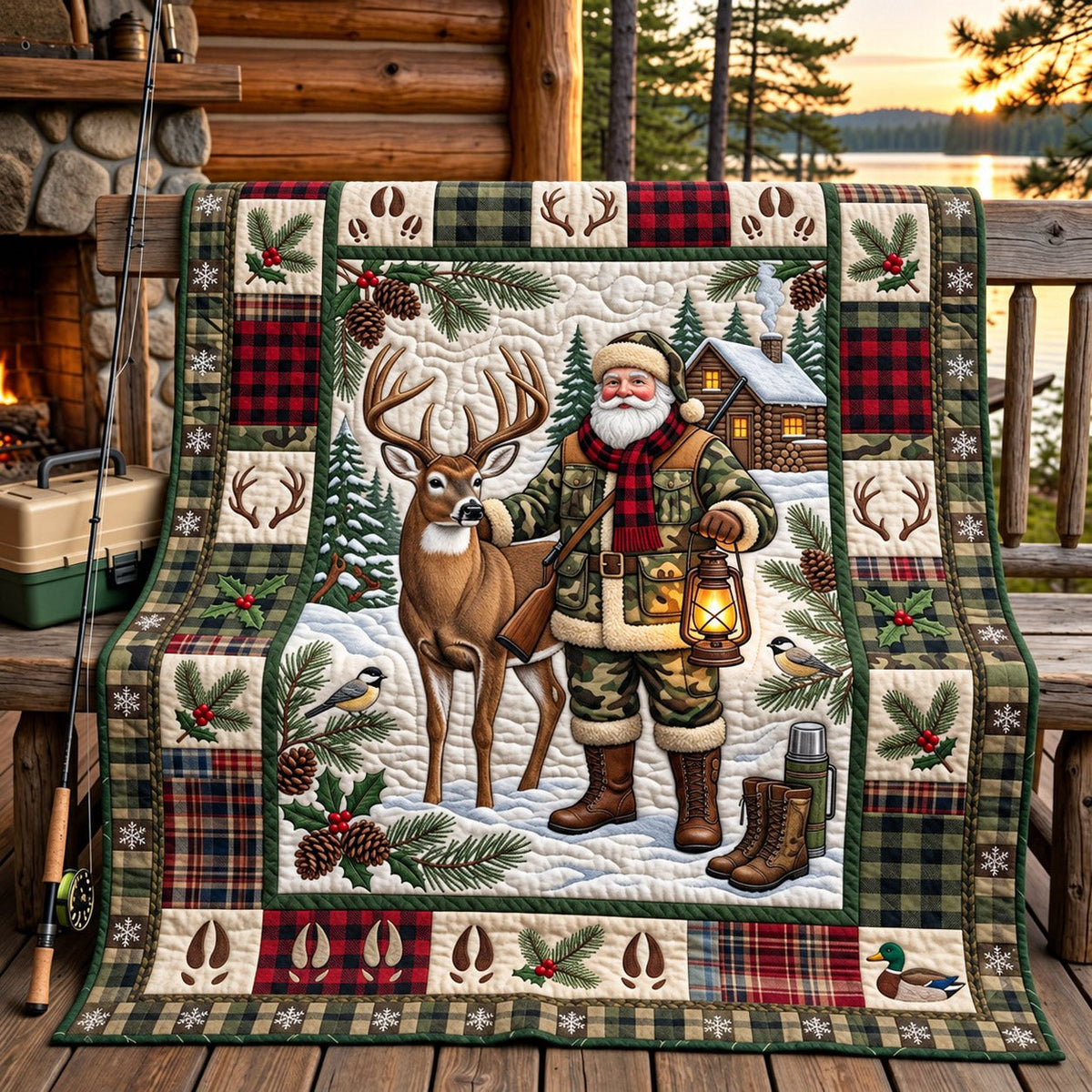 Winter Deer Hunt Quilted Blanket printed blanket