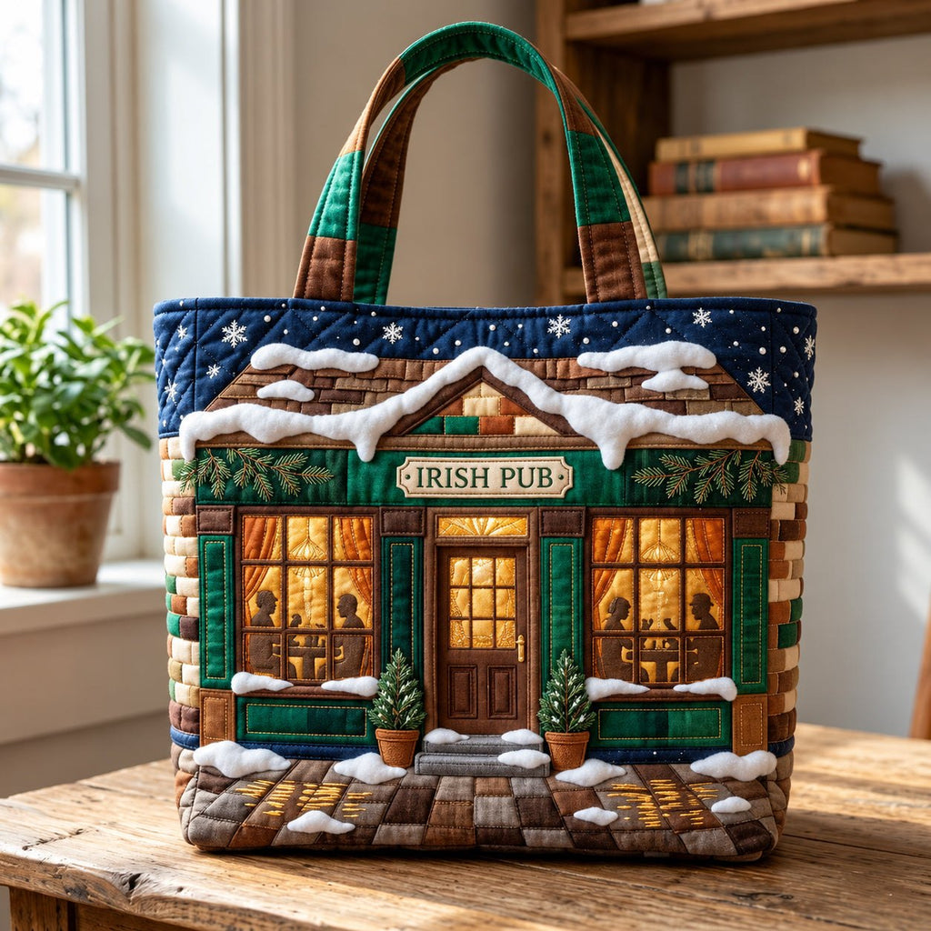 Winter Irish Pub Quilted Tote Bag printed tote bag