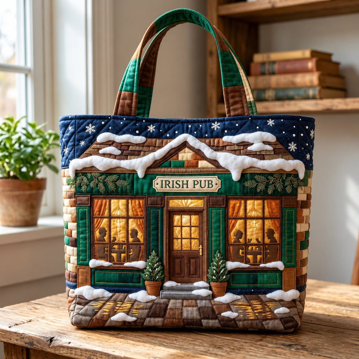 Winter Irish Pub Quilted Tote Bag printed tote bag