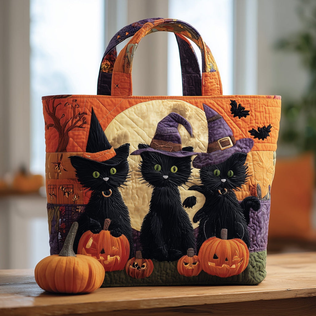 Witch Black Cat Quilted Tote Bag printed tote bag