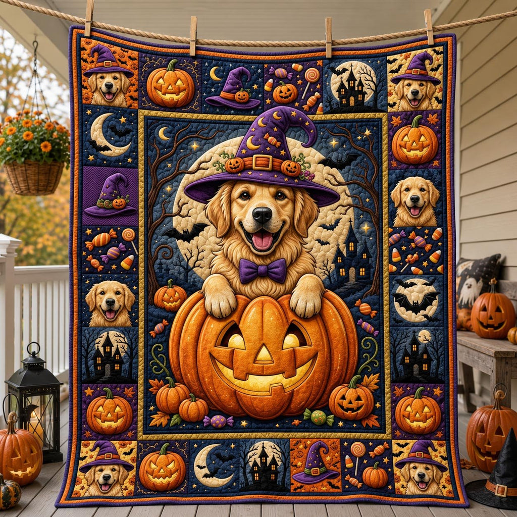 Witch Golden Retriever Pumpkin Quilted Blanket printed blanket