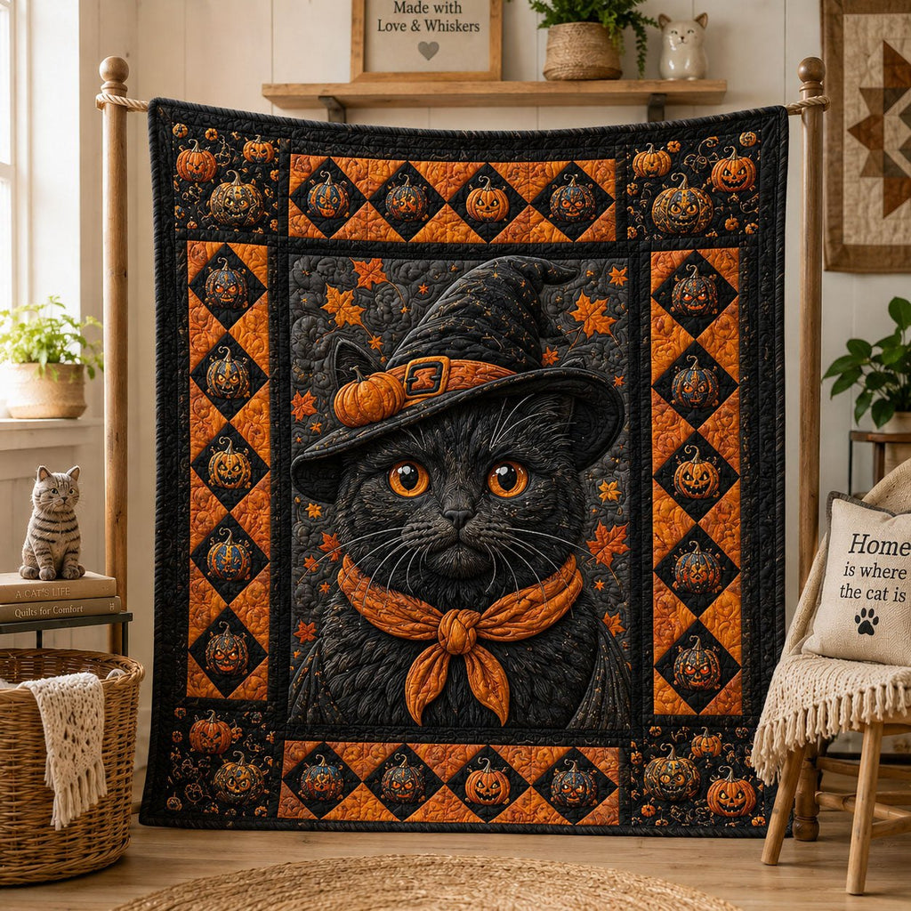 Witch Hat Black Cat Pumpkin Patch Quilted Blanket printed blanket