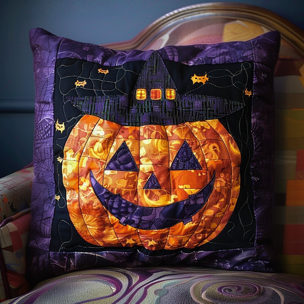 Witch Hat Pumpkin Quilted Cushion Cover printed cushion cover