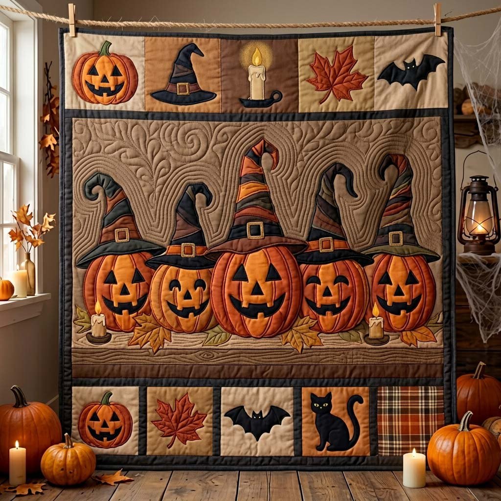Witch Hat Pumpkins Quilted Blanket printed blanket