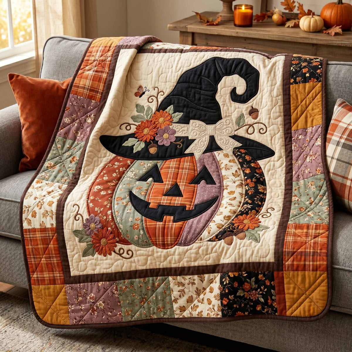 Witch Pumpkin Cat Quilted Blanket printed blanket