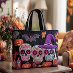 Witchy Skulls Bloom Quilted Tote Bag printed tote bag