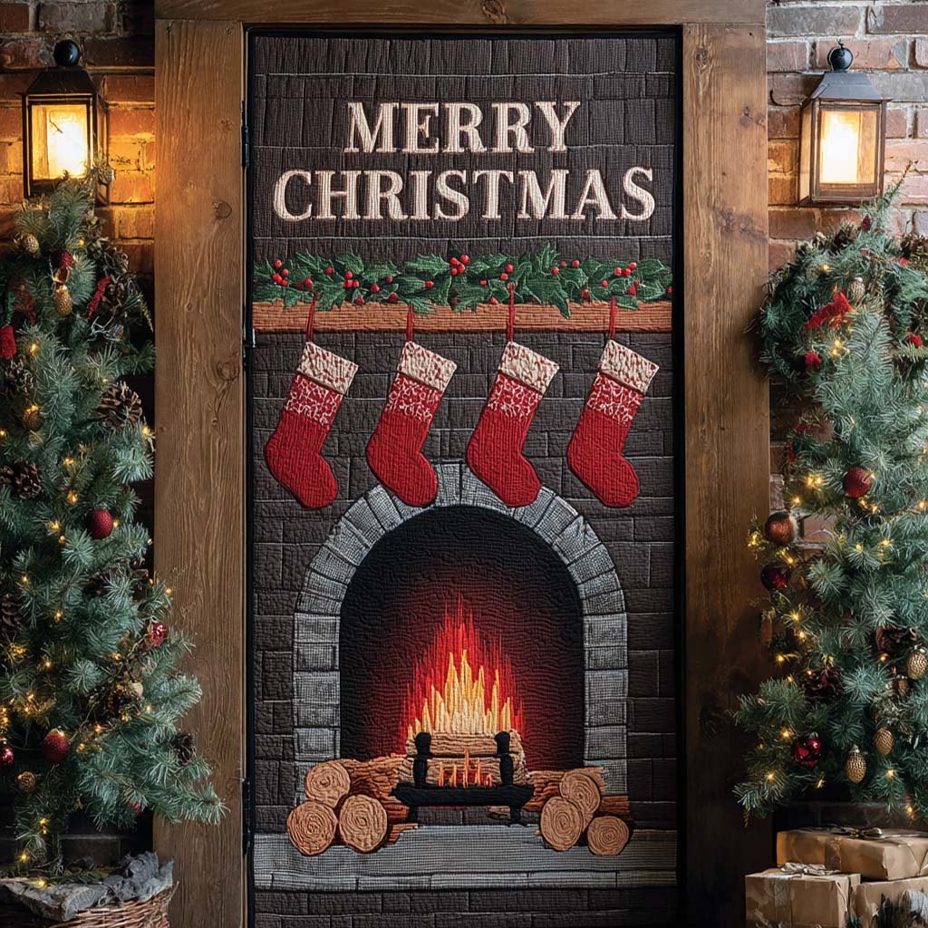 Wood Cabin Fireplace Quilted Door Curtain printed door curtain