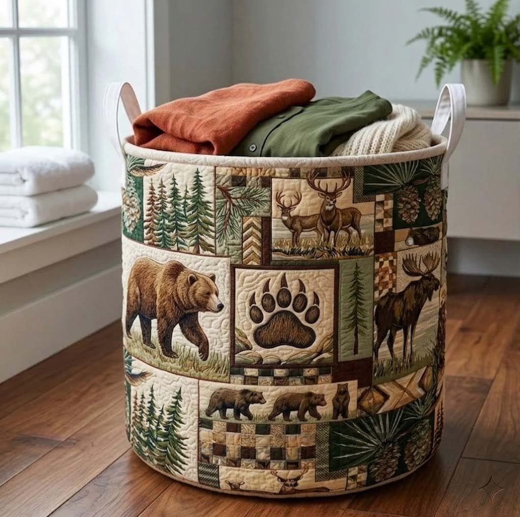 Woodland Harvest Quilted Laundry Hamper printed laundry hamper