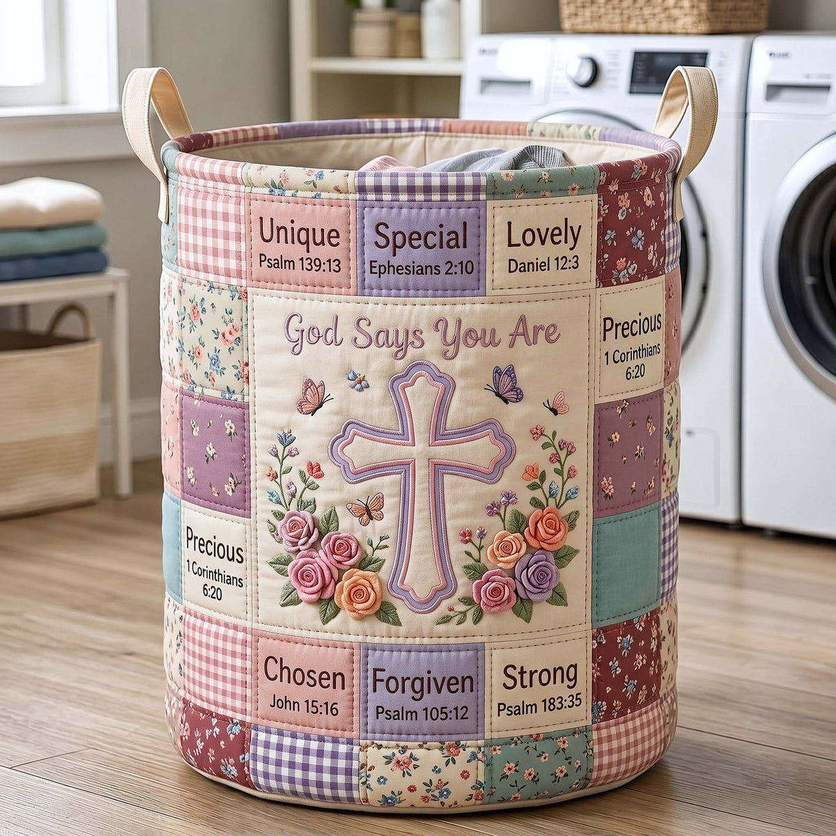Words Of Faith Quilted Laundry Hamper printed laundry hamper