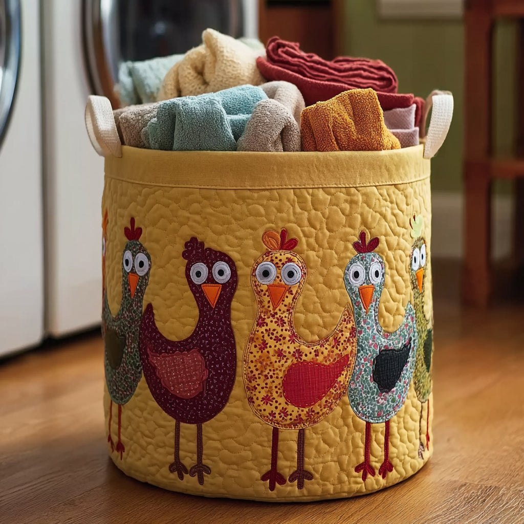 Yellow Ground Folk Chicken Trio printed laundry hamper