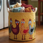 Yellow Ground Folk Chicken Trio printed laundry hamper