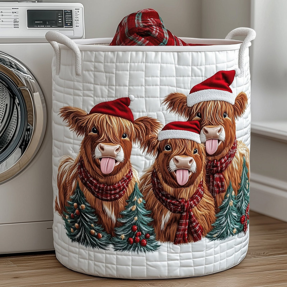 Yuletide Highland Cow Quilted Laundry Hamper printed laundry hamper