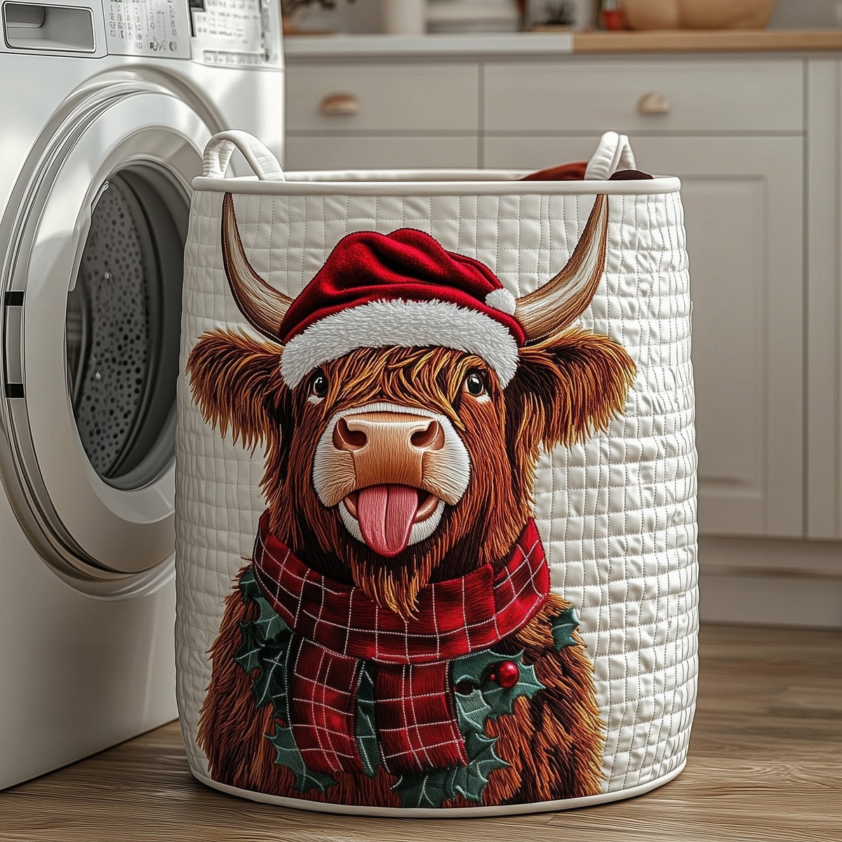 Yuletide Highland Cow Quilted Laundry Hamper printed laundry hamper